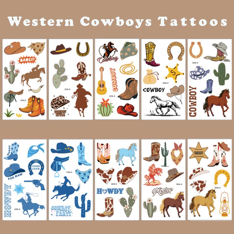 Qpout 10 Sheets Cowboy Temporary Tattoos Western Horse Rodeo hats