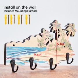 Yweeychain Hawaiian Beach Style Wall Key Holder - Wooden Key Shelf with 4 Metal Hooks, Includes Mounting Hardware & Guide