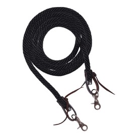 Zoltaire Braided Nylon Horse Split Reins, Black, 8ft with Leather Ends and Metal Snap Hooks