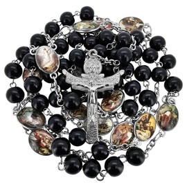 TALISMAN4U Stations of the Cross Rosary Chaplet Black Glass Beads Catholic Necklace for Men Women Holy Trinity Crucifix Cross Religious Gift Jewelry with Rosary Box & Prayer Booklet