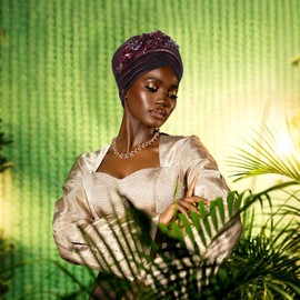 Women's African Turban Head Wrap Braid Beanie Cap Headwear Crystals Twisted Head Turbans for Women (US, Alpha, One Size, Medium, Wine Red)