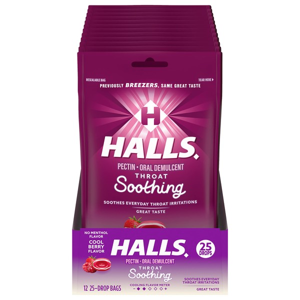 HALLS Throat Soothing (Formerly HALLS Breezers) Cool Berry Throat Drops, 12 Packs of 25 Drops (300 Total Drops)