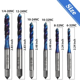 Wolfride 6Pcs Spiral Flute Tap Set, HSS Machine Screw Taps SAE Thread Tapping Tool Blue Coated Spiral Taps Drill Bits 6-32NC 8-32NC 10-24NC 10-32NC 12-24NC 1/4-20NC