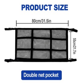 IONPSHG Adjustable SUV Travel Cargo Net - 80 x 55cm Large Mesh Car Roof Organizer for Long Trip & Camping, Black Double Ceiling Storage Bag