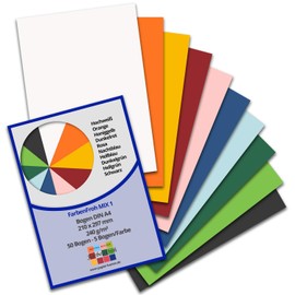 50 DIN A4 Paper Sheets Colour Mix Package 1 - Plano Sheet - 10 Colours - 240 g/m² - 21 x 29.7 cm - Craft Sheet Clay Paper Photo Card Craft Paper Clay Card - FarbenFroh