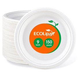 ECOLipak 9 inch 150 Pack Compostable Paper Plates, Heavy Duty Disposable Biodegradable Eco-friendly Sugarcane Bagasse Plates for Party Dinner