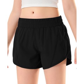 DOCUMO Girls Athletic Shorts with Zipper Pockets, Quick Dry Running Shorts for Kids Teen Girls High Waisted Active Sports Shorts with Comfy Liner(Black,Small)