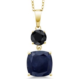 Gem Stone King 18K Yellow Gold Plated Silver Blue Sapphire and Black Sapphire Pendant Necklace For Women (5.75 Cttw, Gemstone September Birthstone, Cushion 10MM, Round 6MM)