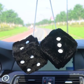 Fuzzy Plush Dice with Dots Car Mirror Hanging Ornament，3 inch Pair of Retro Square Mirror Hanging Decoration Rear View Mirror Pendant Ornament Home Decorative Car Interior Accessories (Black)