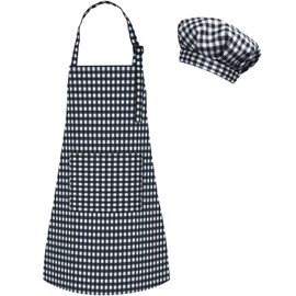 TOPWAYS Kids Apron and Chef Hat Set, Adjustable Child Chef Aprons with 2 Pockets, Lattice Print Children's Apron for Kids Toddler Painting Baking Cooking Artist (Black and White, L（7-13Years）)