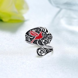 qielizhu Spoon Rings for Women 925 Sterling Silver Hummingbird/Butterfly/Bee/Red Cardinal/Pink Flamingo Adjustable Thumb Rings Vintage Boho Antique Jewelry Gifts (Red Cardinal Ring)