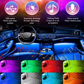 Car LED Strip Lights Christmas, 4Pcs 48 LED Interior Lights, Multicolor Music Car Strip Light Under Dash Lighting Kit with Sound Active Function and Remote Controller, DC 5V
