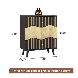 QHITTY Fluted 3 Drawer Dresser for Bedroom, Modern Chest of Curved Drawers with Storage and Gold Handles, Accent Tall Nightstand for Bedroom, Living Room, Entryway (Black/Natural)