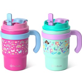 Fimibuke 16oz Kids Insulated Tumbler with Handle & Straws - 2 Pack BPA FREE 18/8 Stainless Steel Toddler Cups with Sip/Swig 2-in-1 Lids, Leak Proof Kid Drinking Cup Travel Mugs for Children Boys Girls