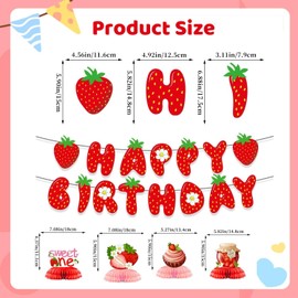 Berry First Birthday Party Decorations,Strawberry Themed Happy Birthday Banner&Bunting Sweet One Honeycomb Centrepieces Birthday Decorations For 1st Baby Girls