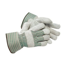 Radnor Medium Shoulder Grade Split Leather Palm Gloves With Safety Cuff, Striped Canvas Back And Leather Reinforced Knuckle Strap, Pull Tab, Index Finger And Fingertips