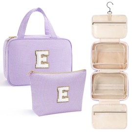 YOOLIFE Teen Girl Gifts Trendy Stuff - Birthday Gifts for 7 8 9 10 11 12 13 14 15 16 17 18 Year Old Teen Girls, Hanging Toiletry Bag Initial Makeup Bag - Letter E, Purple