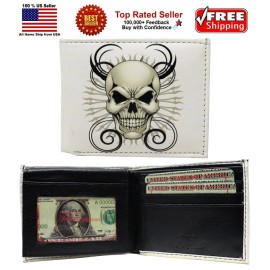 Honeywingz White Skulls Head White Leather Bi-Fold Bifold Wallet