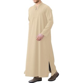 LVCBL Thobe For Men Kaftan Loose Long Sleeve Thobe Linen Button Up Muslim Robe Khaki 2XL