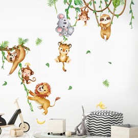 Jungle Animals Wall Decals Nursery Wall Stickers Decor Cartoon Monkey Lion Tiger Elephant Wall Stickers Woodland Animals Safari Wall Mural Peel and Stick Wall Art for Baby Kids Bedroom