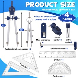 Teling 4 Pack Professional Geometry Set Compass Geometry Tool Protractor and Compass Set Drafting Compass for Geometry Drafting Tools for Drafting, Math and Making Circles Drafting Supplies