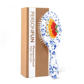 Hand-Painted Hair Brush, Blue White Porcelain Pasta Design Acetate Comb, Flexible Bristles for Gentle Detangling & Scalp Massage, Ergonomic Handle, Unique Gift for Foodies