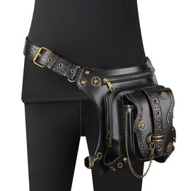 Valentoria Steampunk Waist Bag Fanny Pack Thigh Holster Purse Gothic Leather Shoulder Crossbody Hiking Chain Messenger Bag (Gear)