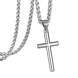 murtoo 925 Sterling Silver Cross Necklce for Men, Cross Pendant Necklace with Stainless Steel Curb Chain Wheat Chain Twisted Rope Chain, Silver Cross Chain Necklace for Men Women (Wheat Chain, 24")