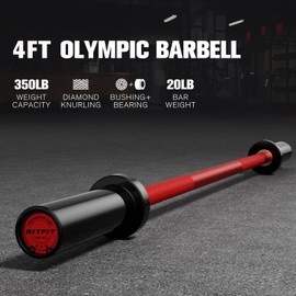 RITFIT Olympic Barbell 4ft/4.8ft/6ft - 2 Inch Weight Bar for Strength Training, Weightlifting, Squat, Deadlift, Bench Press, Curl, Overhead Press - 350lbs/500lbs Capacity 4FT Black/Red