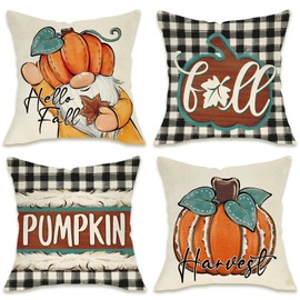 Fahrendom Hello Fall Pumpkin Gnome Decorative Throw Pillow Covers 18 x 18 Set of 4, Autumn Harvest Buffalo Plaid Check Porch Outdoor Pillowcase, Maple Leaves Farmhouse Rustic Cushion Case Home Decor