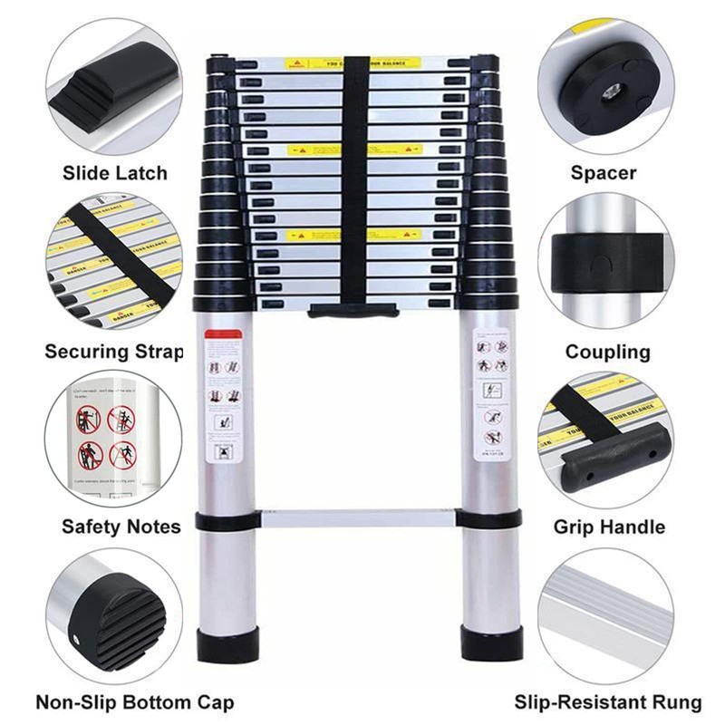 12.5FT Telescoping Ladder Aluminum Telescopic Extension Ladder One Button Retraction