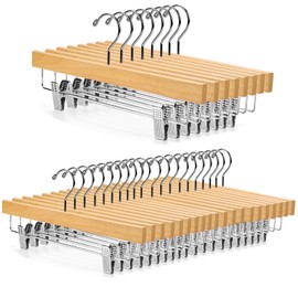 Nature Smile Deluxe Wooden Pants Hangers,Solid Lotus Wood Jeans Skirt Hanger with Clips Anti-Rust Hook Pack of 28（Natural）