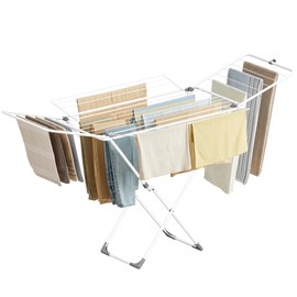 SONGMICS Clothes Drying Rack, Metal Laundry Drying Rack, Foldable, Space-Saving, Free-Standing Airer, with 4 Gullwings, Indoor Outdoor Use, Bed Linen Clothing, White ULLR541W01