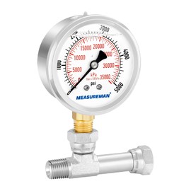 MEASUREMAN Spraying Pressure Gauge Assembly High Pressure Fluid Gauge 1/4" NPT Threads with T Fitting, 0-5000 PSI, Glycerin Filled