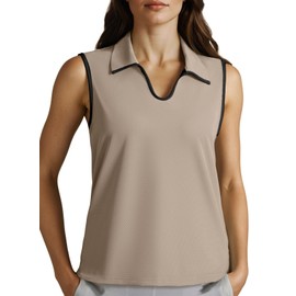 Dokotoo Womens Workout Tank Tops Quick Dry Golf Polo Shirts Women's Clothing Collared v Neck Sleeveless Lightweight Athletic Stripe Shirts Beige Large