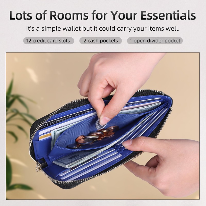 Womens Leather Long Zip Around Clutch Wallet with Coin Pocket