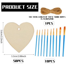 Wooden Hearts for Labelling, Pack of 50 Wooden Tags with Jute String for Labelling, 5.3 cm x 5.6 cm, Decorative Wooden Heart for Party, Wedding, Anniversary, Christmas and Birthday, Wooden Decoration