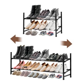 ikloo 2-tier Shoe Rack for Closet and Entryway | Expandable and Stackable Shoes Organizer for Small Spaces | Adjustable Metal Shoe Shelf for Shoe Storage | Fit Up to 18 Pairs of Shoes | Black