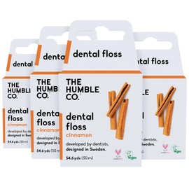 The Humble Co Cinnamon Dental Floss, 4 Pack - Vegan Expanding Dental Floss for Adult & Kids - Non-Toxic, Thick Expandable Floss for Gum Health - Oral Care & Hygiene - 220 Yards