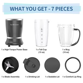 La Reveuse Personal Size Blender 250 Watts Power for Shakes Smoothies Seasonings Sauces with 1 Piece 15 oz Cup,1 Piece 10 oz Mug,BPA-Free (Black)