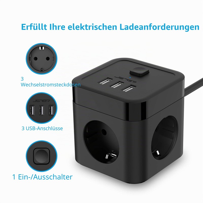 JSVER Power Strip Cube, black