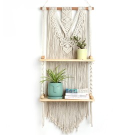 INOVA TYMES Macrame Wall Hanging Shelf 2 Tier - Boho Bedroom Decor | Macrame Wall Decor | Boho Shelf Decor, Hanging Shelves for Wall, Woven Rope Floating Wood Shelves & Storage for Small Plants