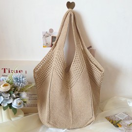 Mabecol Women's Beach Bag, Large Handbag, Women's Lightweight Shoulder Bag, Boho Shopper Bag, Women's Summer Bag, Braided Shopping Bag, Beach Bag, khaki, L, Bohemian