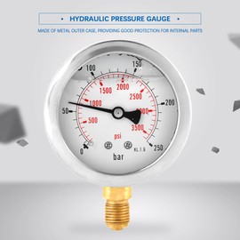 Hydraulic Pressure Gauge, 0-250Bar 0-3750PSI G1/4 63mm Pressure Gauge with Dual Scale for Water, Oil and Fuel