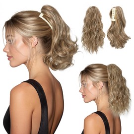 2 PCS Ponytail Extensions Claw Clip Short Pony Tails Wavy Curly Synthetic Hairpieces for Women 12 Inch + 14Inch Set Beige Multi