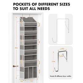 Over The Door Organizer Hanging - 6 Shelf Over Door Organizers with 6 Clear Front & 12 Side Pockets - Swing-proof 50LB Load Behind Door Storage for Closet Bedroom Bathroom Nursery Baby Essentials