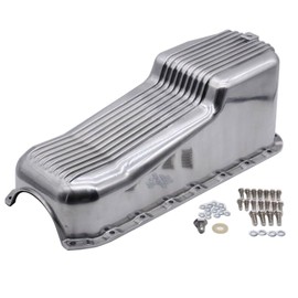 GSKMOTOR Polished Aluminum Finned Oil Pan Kit Bolts Plug Fits SB Chevy 327 350 SBC 1955-79,Driver's Side Dipstick