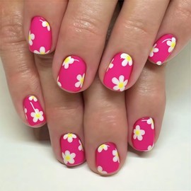 24 Pcs Spring Press on Nails Short Square Fake Nails Glossy False Nails with White Yellow Flower Design Spring Summer Daisy False Nails Full Cover Cute Floral Acrylic Nails Stick on Nails for Women