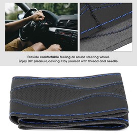 Steering Wheel Cover, 38 cm/15 Inch Leather Steering Wheel Cover Set, Hand-Stitched, Embossed Pattern with Needle and Thread, Universal Car Accessories (Blue Black)