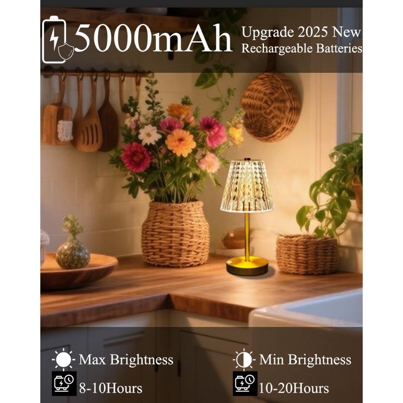 Gold Cordless Table Lamp Rechargeable,5000mAh Battery Operated Lamps,Mini Small Crystal